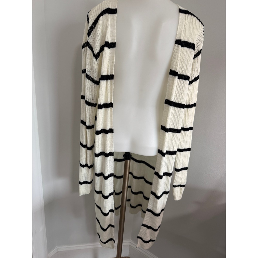 Doe & Rae Womens Striped Duster Cardigan Cream Black Open Front Ribbed Knit M - Picture 2 of 11